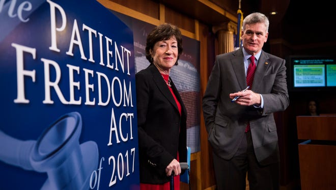 Sens. Susan Collins and Bill Cassidy discuss their Obamacare replacement plan in the Senate studio on Jan. 23, 2017.