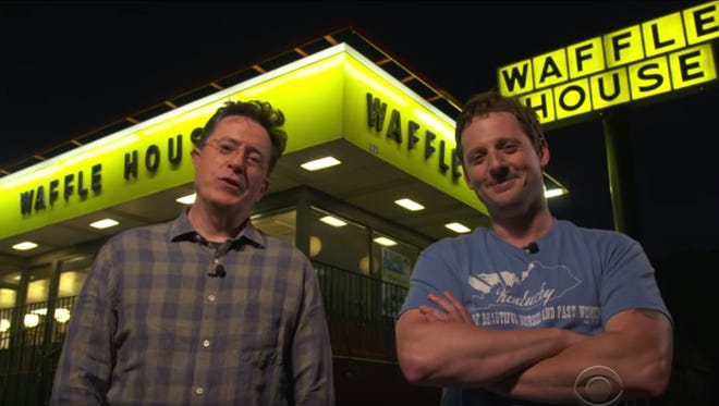 Stephen Colbert, left, and Sturgill Simpson, taking a trip to Waffle House on an episode of  "The Late Show."
