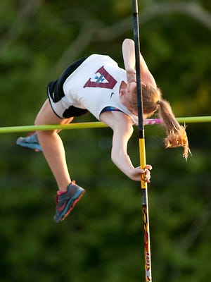 Assumption's Kara Bruns cleared 9'6" to take first in the girls pole vault at the Class 3A Region 4 Track and Field meet at Assumption Green.09 May 2017