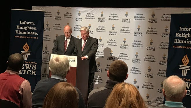 Jack Marsh (speaking) and Randell Beck announce South Dakota News Watch, a free nonprofit news service. Marsh and Beck founded the organization and will serve as co-chairs of the board.