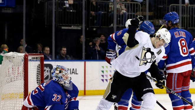 Pittsburgh Penguins center Evgeni Malkin (71) after scoring the Penguins fifth goal against the Rangers during the third period in game four of the first round of the 2016 Stanley Cup Playoffs at Madison Square Garden.