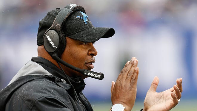 Lions coach Jim Caldwell reacts against the Giants in the first half at MetLife Stadium on December 18, 2016 in East Rutherford, N.J.