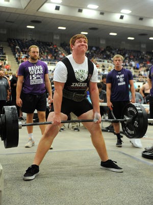Dublin's Ethan Price completes his deadlift in the Division 3, 275 pound class of the Texas High School Powerlifting Association state meet on Saturday, March 25, 2017, at the Taylor County Coliseum. 
