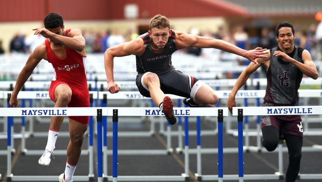 Ethan Tabor, of Sheridan, runs the 110 high hurdles during the Dan Adams Invitational earlier this season at Maysville High School. Tabor won the event in :15.01 and will compete in this weekend's Division II state track and field meet in Columbus,