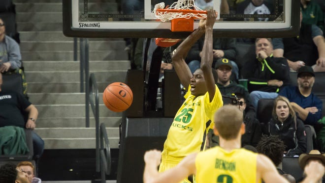 Nov 16, 2015; Eugene, OR, USA; Oregon Ducks forward Chris Boucher (25) dunks the basketball in a game against Baylor during the second half at Matthew Knight Arena. The Ducks won 74-67. Mandatory Credit: Troy Wayrynen-USA TODAY Sports