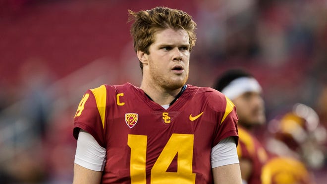 USC Trojans quarterback Sam Darnold (14) watches warmups before the game against the Stanford Cardinal in the Pac-12 Conference championship game at Levi's Stadium.