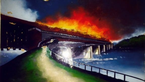 One of a series of paintings of the Columbia Bridge on fire painted by students in 1913 for Columbia’s Old Home Week.