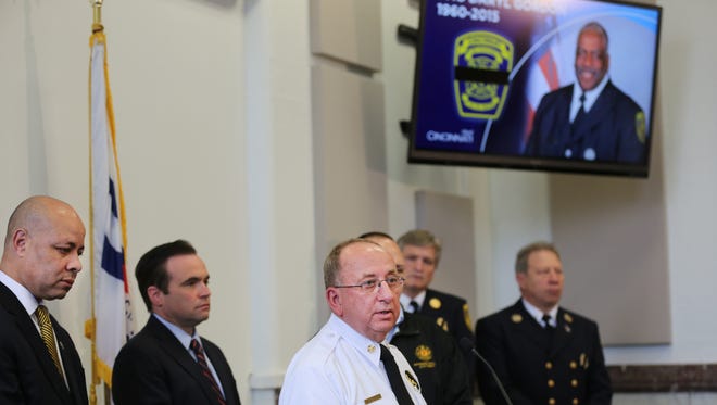 Cincinnati Fire Chief Richard Braun talks with media during a press conference to discuss the death of firefighter Daryl Gordon. To his left are City  Manager Harry Black and Mayor John Cranley.