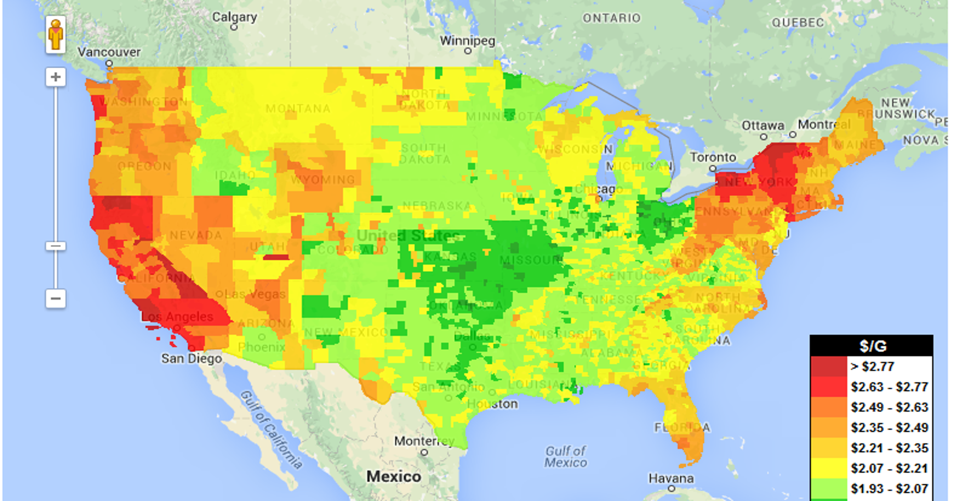 Use this US gas price heat map to design cheapest possible road trip