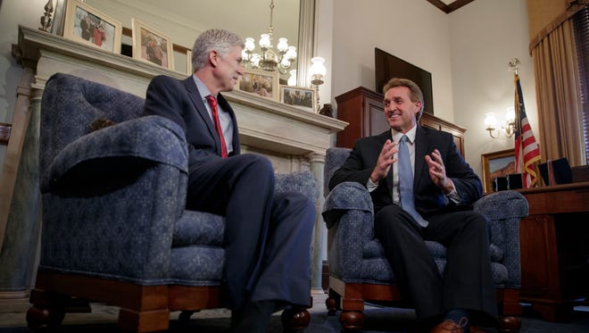 Supreme Court Justice nominee Neil Gorsuch meets with Senate Judiciary Committee member Sen. Jeff Flake, R-Ariz., on  Feb. 8, 2017, on Capitol Hill in Washington.