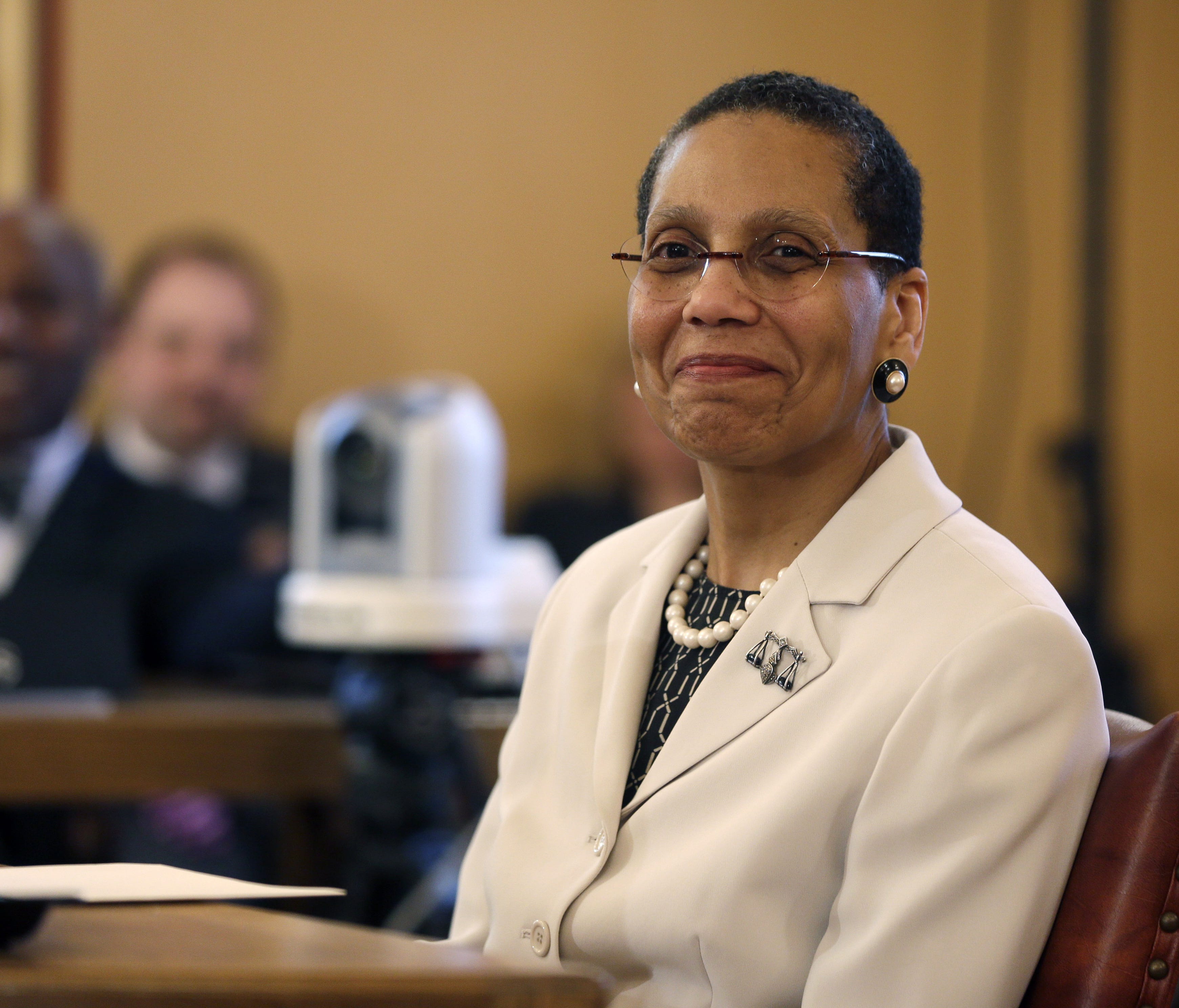 In this April 30, 2013, file photo, Justice Sheila Abdus-Salaam looks on as members of the state Senate Judiciary Committee vote unanimously to advance her nomination to fill a vacancy on the Court of Appeals at the Capitol in Albany, N.Y.