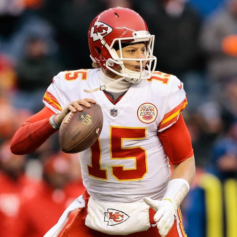 Patrick Mahomes drops back to pass in the third...