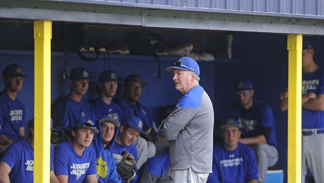 SDSU's head coach Dave Schrage talks with his team before baseball practice May 5, 2015, in Brookings.
