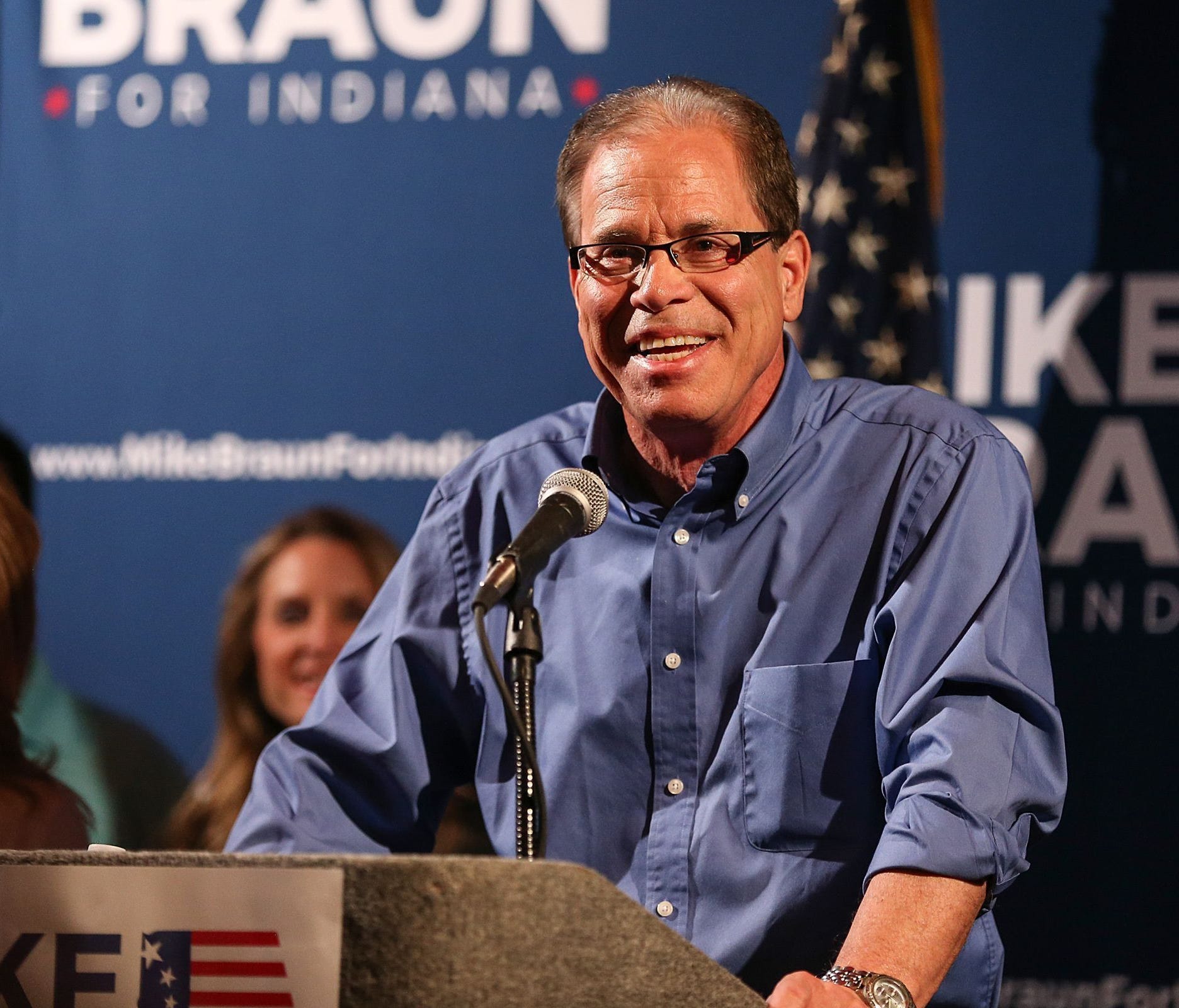 Republican Senate candidate Mike Braun, winner of Indiana's GOP primary, speaks at his election night party at Moontown Brewing Company in Whitestown, Ind., on Tuesday, May 8, 2018.