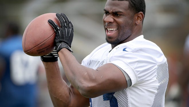 Colts running back Vick Ballard, shown earlier during Friday’s practice at Anderson University, tore his Achilles tendon during a non-contact drill.