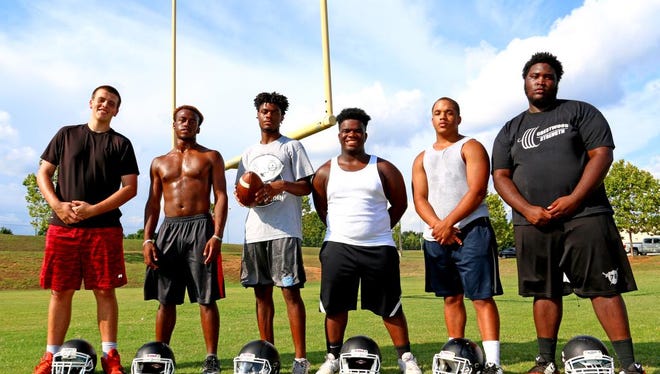  From left, Southside High School center Taurus Skonic, linebacker and running back Will Houston, wide receiver Tuzion Brock, defensive lineman Dre Mills, defensive end Anthony Smith and defensive tackle Nevin Turner. 