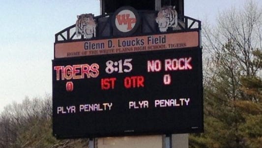 White Plains High School scoreboard.