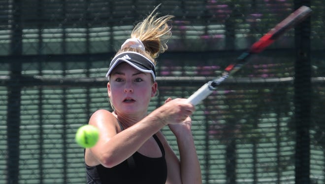 San Antonio's Fiona Crawley watches her return shot to Austin's Callie Creath during their Girls' 18 Singles semifinals match Thursday, June 14, 2018 at ACU's Eager Tennis Center. Crawley, the No. 1 seed, won 6-7 (4), 6-0, 6-2.