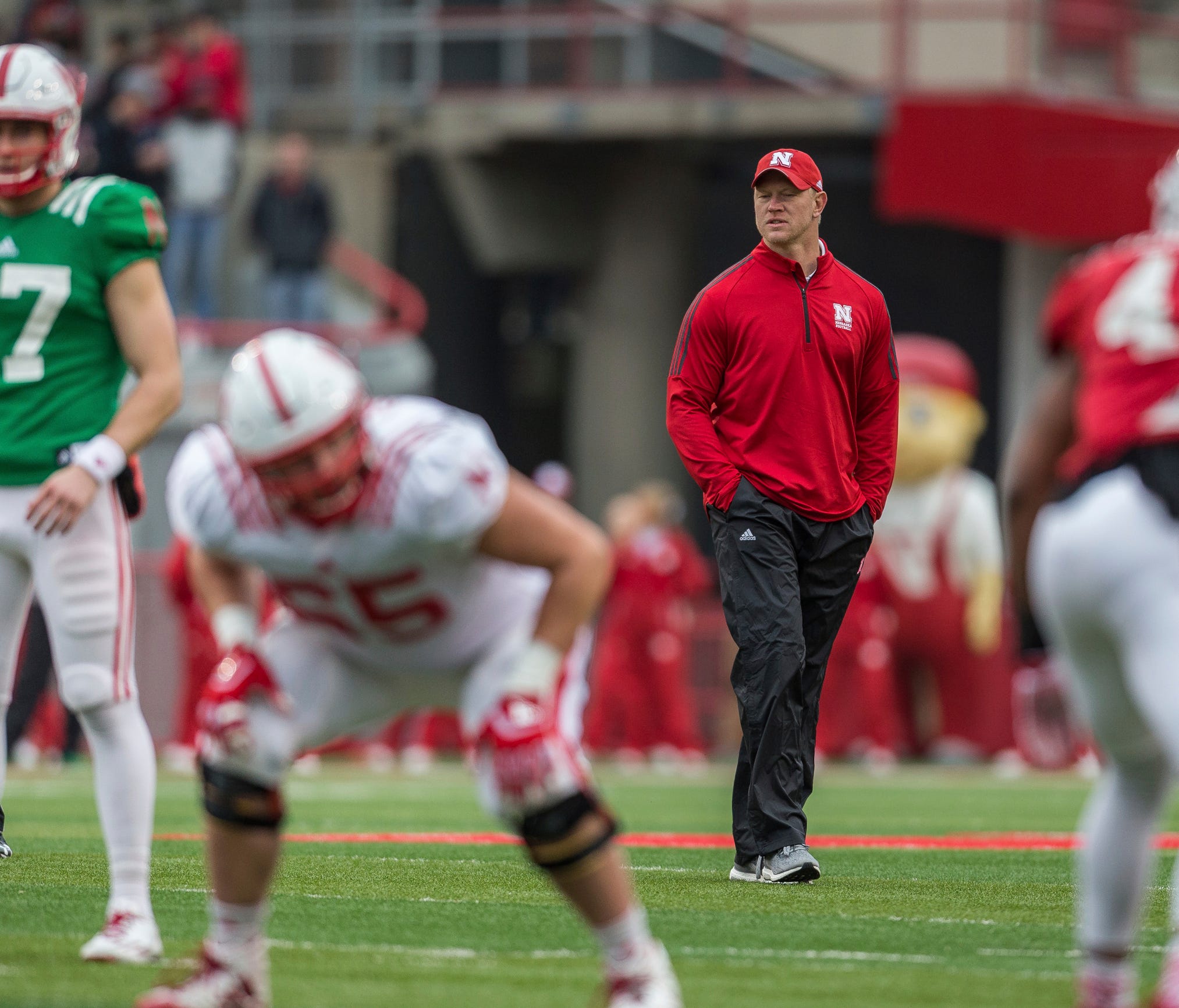 Scott Frost looks on during his first spring game as the head coach at Nebraska.