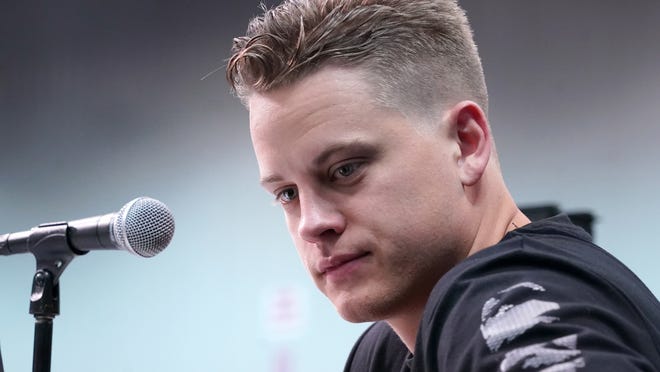 Feb 25, 2020; Indianapolis, Indiana, USA; LSU Tigers quarterback Joe Burrow speaks during the NFL Scouting Combine at the Indiana Convention Center. Mandatory Credit: Kirby Lee-USA TODAY Sports