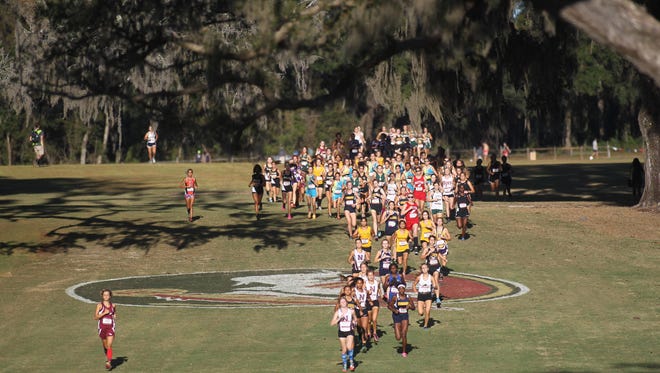 Girls runners move from Field 1 to Field 2 on Apalachee Regional Park’s cross country course during October’s FSU Invitational.