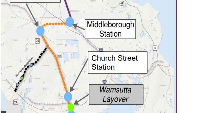 A map of South Coast Rail's planned New Bedford Main Line, which includes a new station in Middleboro. The MBTA will hold a virtual meeting for those interested in the Middleboro portion of the project in Jan. 27.