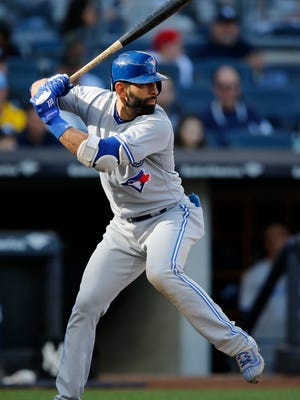 Toronto Blue Jays designated hitter Jose Bautista sets up during the fourth inning of a baseball game against the New York Yankees in New York, Sunday, Oct. 1, 2017. He's on assignment with Gwinnett in hopes of returning to MLB with Atlanta and will play in Rochester on Monday.