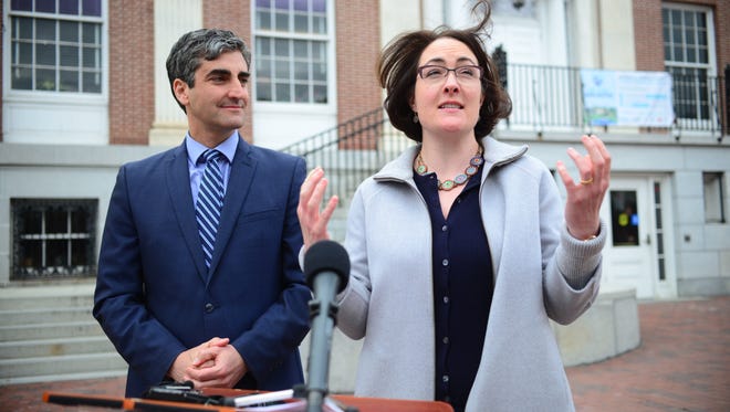 Burlington Mayor Miro Weinberger and Noelle MacKay, his nominee to lead the Community and Economic Development Office, at a news conference in front of City Hall on Monday, May 9, 2016.