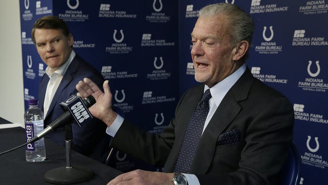 Indianapolis Colts owner & CEO Jim Irsay talks to the media about the firing of head coach Chuck Pagano and the health of Andrew Luck at the Indiana Farm Bureau Football Center Monday, Jan 1, 2018. Colts general manager Chris Ballard,left, listens.