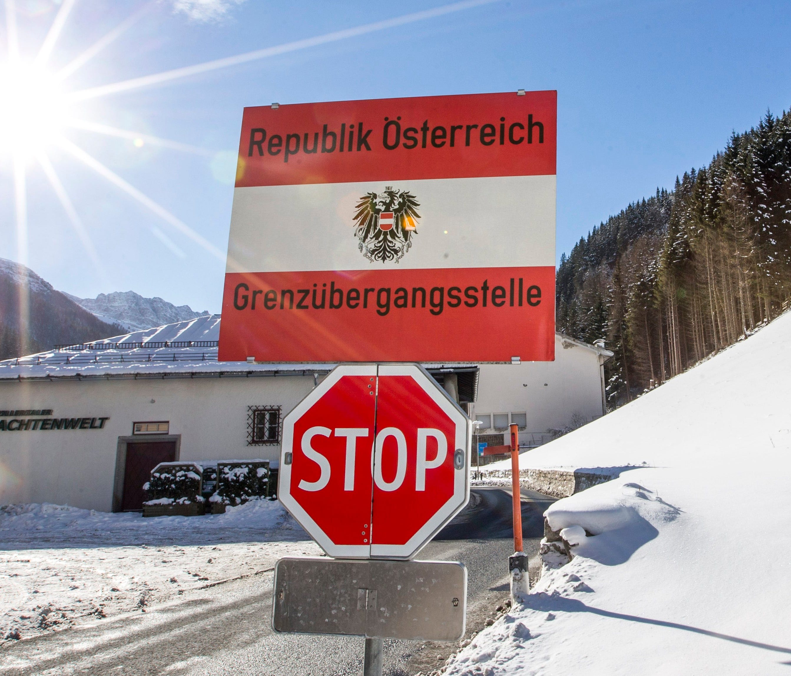 A border sign at the border post between Tyrol, Austria, and South Tyrol, Italy, viewed from the Austria side on 19 Jan. 2016.