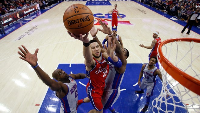 Ben Simmons goes up for a shot against the Pistons on Jan. 5 in Philadelphia. The Sixers won easily, 114-78.