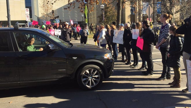 University of Michigan students block traffic as part of a protest against Richard Spencer on Wednesday, Nov. 29, 2017.