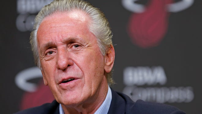 Miami Heat president Pat Riley speaks during an end-of-season news conference in Miami.