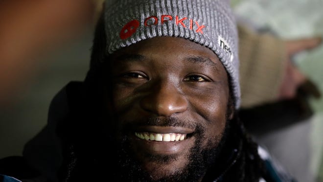 Philadelphia Eagles running back LeGarrette Blount takes part in a media availability for the NFL Super Bowl 52 football game Thursday, Feb. 1, 2018, in Minneapolis. Philadelphia is scheduled to face the New England Patriots Sunday. (AP Photo/Eric Gay)