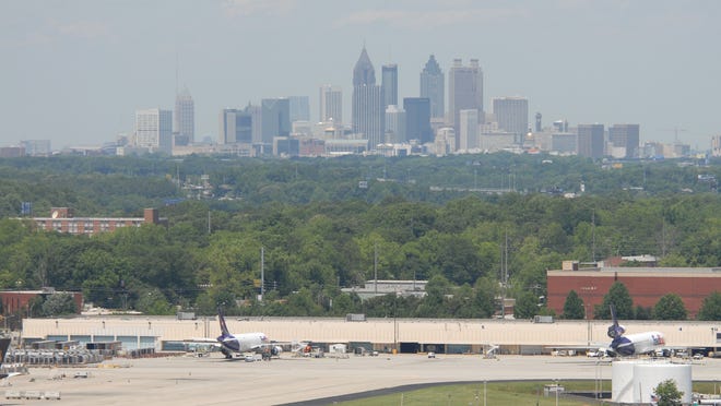 The hazy Atlanta skyline as seen from Hartsfield-Jackson Atlanta International Airport in 2006.