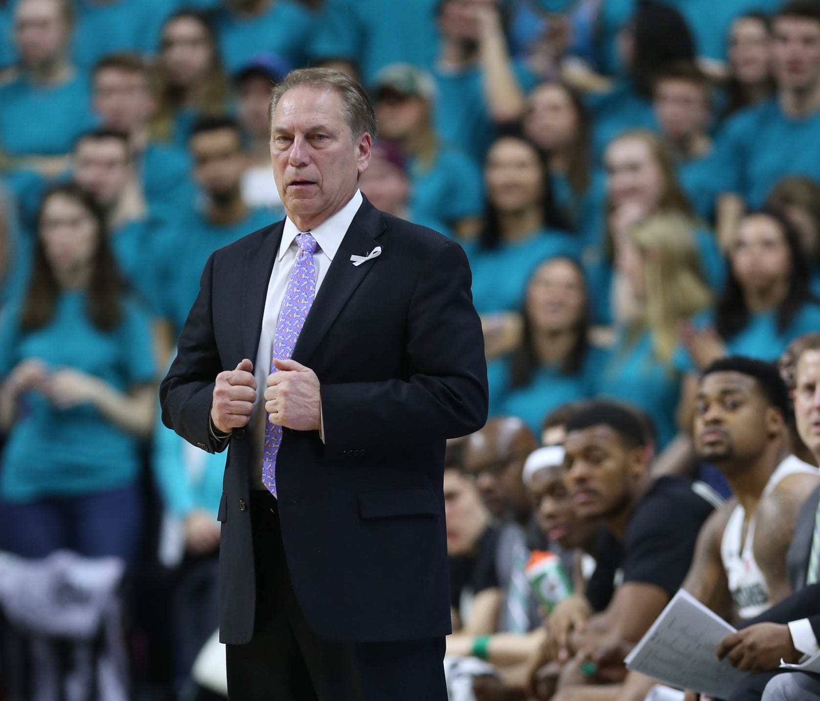 Michigan State head coach Tom Izzo on the bench during the first half of a win over Wisconsin on Friday, Jan. 26, 2018 at the Breslin Center in East Lansing.