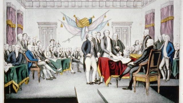 A print of the depiction of the signing of the Declaration of Independence.