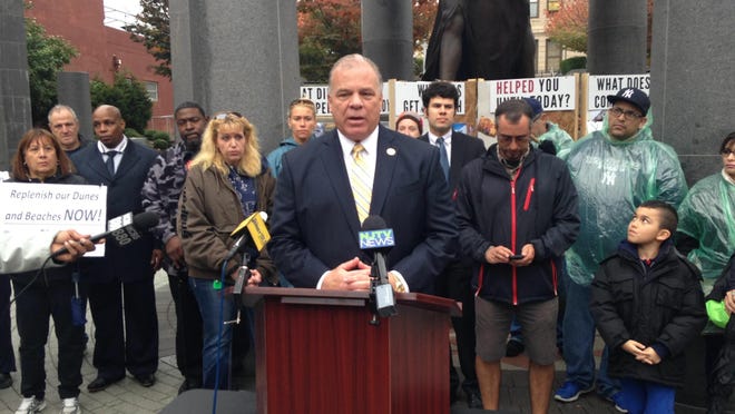 Senate President Stephen Sweeney, D-Gloucester, criticizes New Jersey’s recovery programs after superstorm Sandy at a demonstration across from the Statehouse in Trenton, N.J., on Wednesday, Oct. 28, 2015. (Michael Symons/Asbury Park Press)
