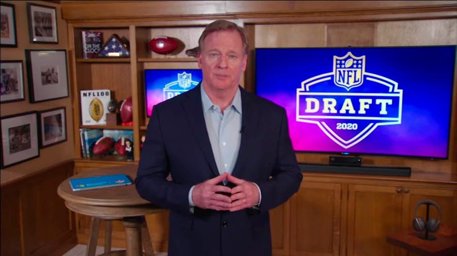 Apr 23, 2020; In this still image from video provided by the NFL, NFL Commissioner Roger Goodell speaks from his home in Bronxville, N.Y., during the 2020 NFL football draft. Mandatory Credit: NFL/Handout Photo via USA TODAY Sports