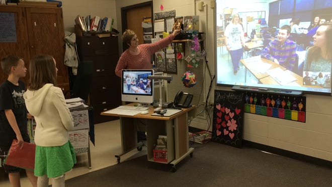Becky Sturdy, teacher at Vesper Community Academy fourth grade, connects her class for a session of “Mystery Skype,” March 26.