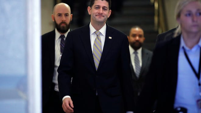 House Speaker Paul Ryan of Wis., arrives for a meeting with House Republicans and President Donald Trump, Thursday, Nov. 16, 2017, on Capitol Hill in Washington. Trump urged House Republicans Thursday to approve a near $1.5 trillion tax overhaul as the party prepared to drive the measure through the House.