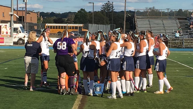 Wayne Valley field hockey during a timeout in an opening round Passaic County tournament game against downed Pompton Lakes on Friday, Sept. 29, 2017. Wayne Valley won, 3-1.