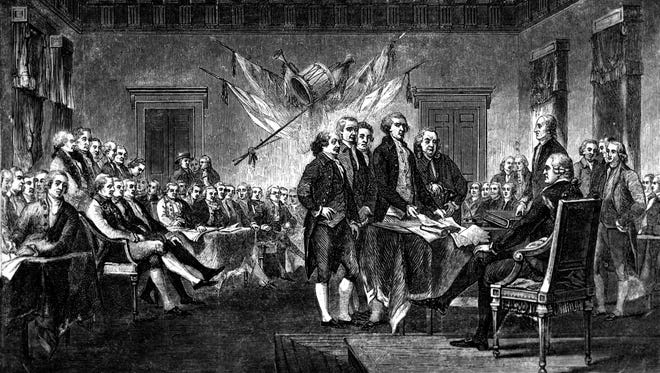 This undated engraving shows the scene on July 4, 1776, when the Declaration of Independence was approved by the Continental Congress in Philadelphia, Pa.  The document, drafted by Thomas Jefferson, Benjamin Franklin, John Adams, Philip Livingston and Roger Sherman, announces the separation of 13 North American British colonies from Great Britain.  The formal signing by 56 members of Congress began on Aug. 2.
