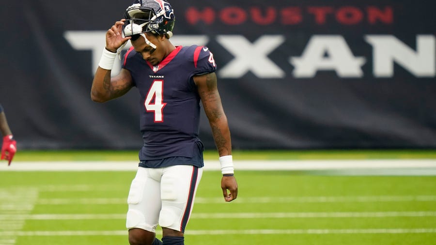 Houston Texans quarterback Deshaun Watson (4) walks off of the field during the first half of an NFL football game against the Minnesota Vikings, Sunday, Oct. 4, 2020, in Houston. (AP Photo/David J. Phillip)
