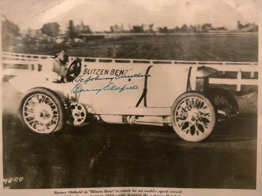This is in Mike Thomsen's collection of Indy 500 drivers' autographs, Friday, May 27, 2016. He has the most autographs from different Indy 500 drivers, in the world. After the green flag waves, he says will have autographs from 600 of the drivers who ever drove in the race. This photo is of Barney Oldfield in the "Blitzen Benz" car. Oldfield set the world's speed record of 131.75 mph in 1910, in this car.  Photo Courtesy of Kelly Wilkinson/IndyStar