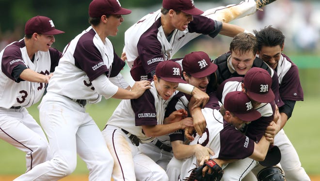 Morristown celebrates their come from behind win vs. Ridgewood in NJSIAA North 1 Group IV baseball final. The Colonials won their first sectional title in ten years 7-4. June 3, 2016, Morristown, NJ