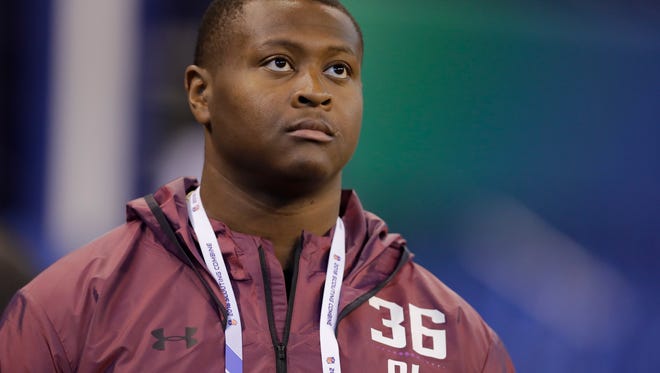 Mississippi State offensive lineman Martinas Rankin during the NFL football scouting combine. Rankin lifted 225 pounds 24 times but did not participate in other drills.