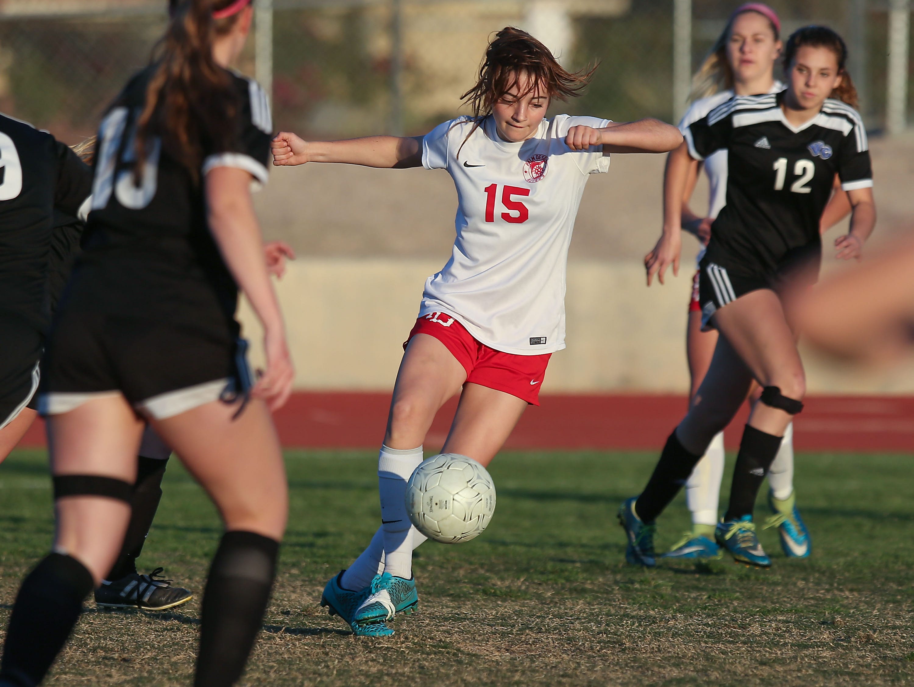 Malia Falk handles the ball for Palm Desert during their CIF quarterfinal victory over Western Christian, February 24, 2017.