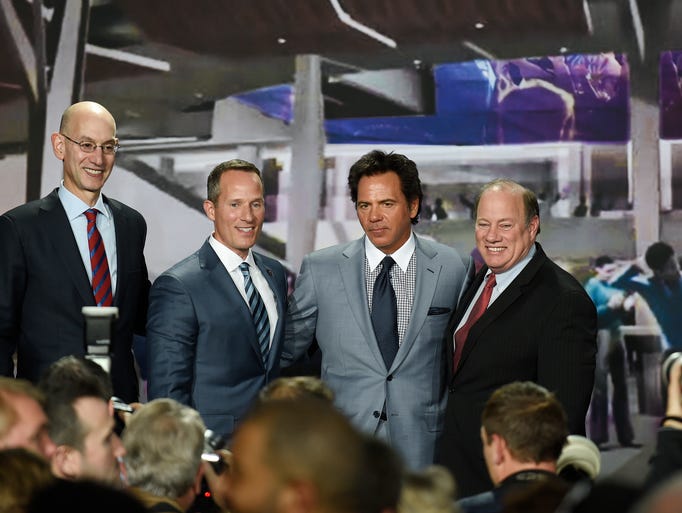From left, NBA Commissioner Adam Silver, Ilitch Holdings