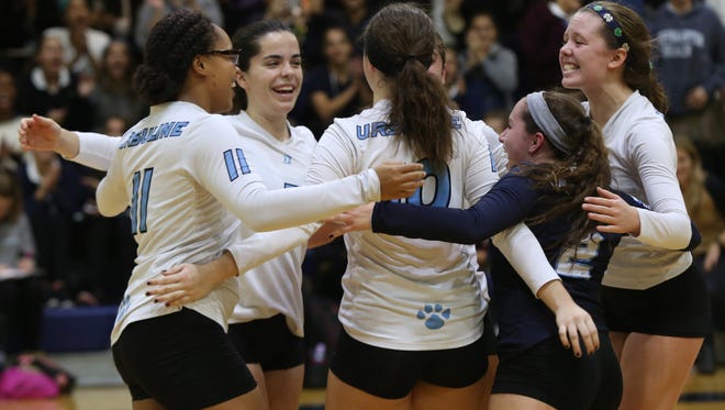 Ursuline defeats New Rochelle during Section 1 Class AA volleyball semifinals at Ursuline School in New Rochelle Nov. 2, 2016.  